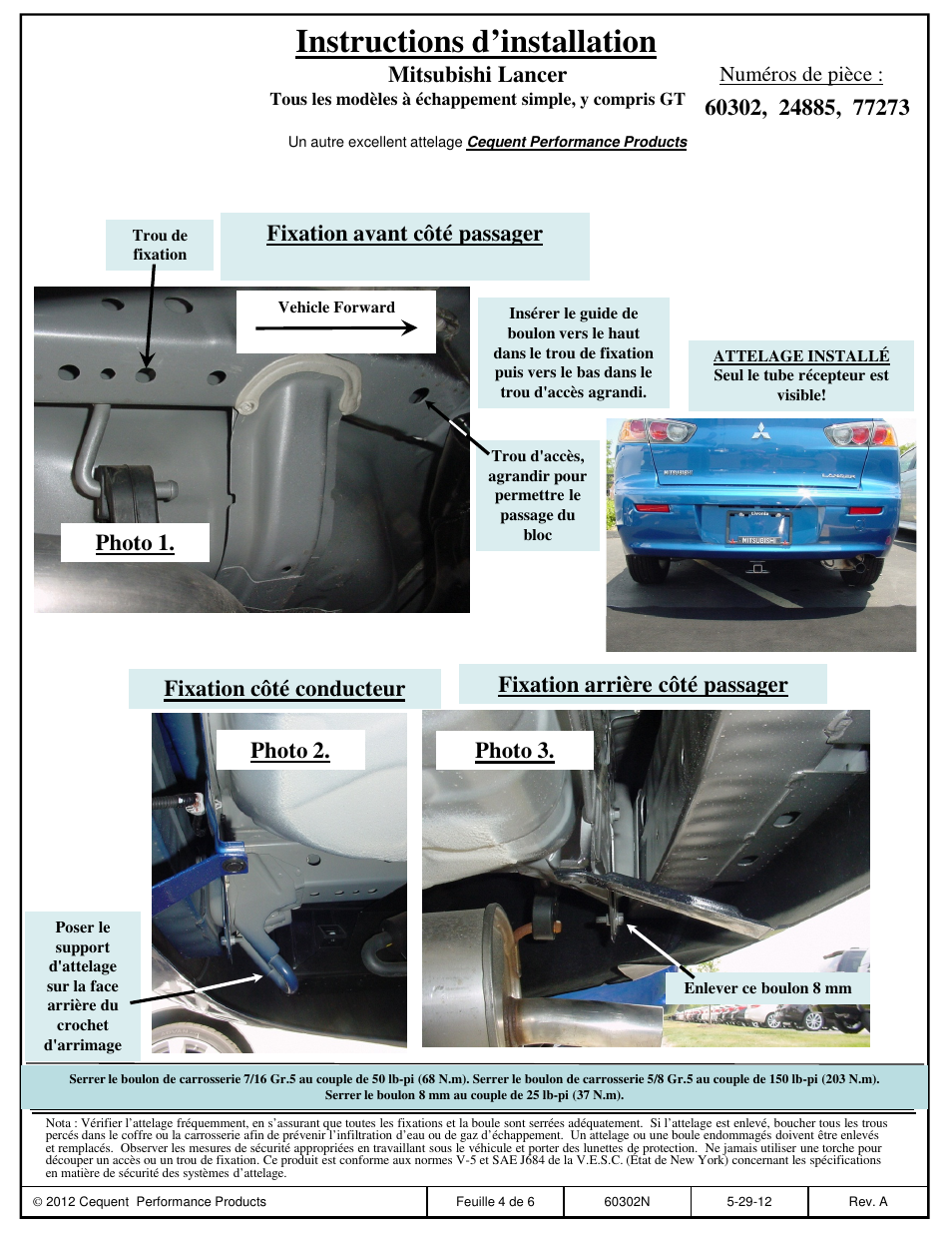 Instructions d’installation, Mitsubishi lancer, Photo 1 | Fixation avant côté passager, Numéros de pièce | Draw-Tite 24885 SPORTFRAME HITCH User Manual | Page 4 / 6