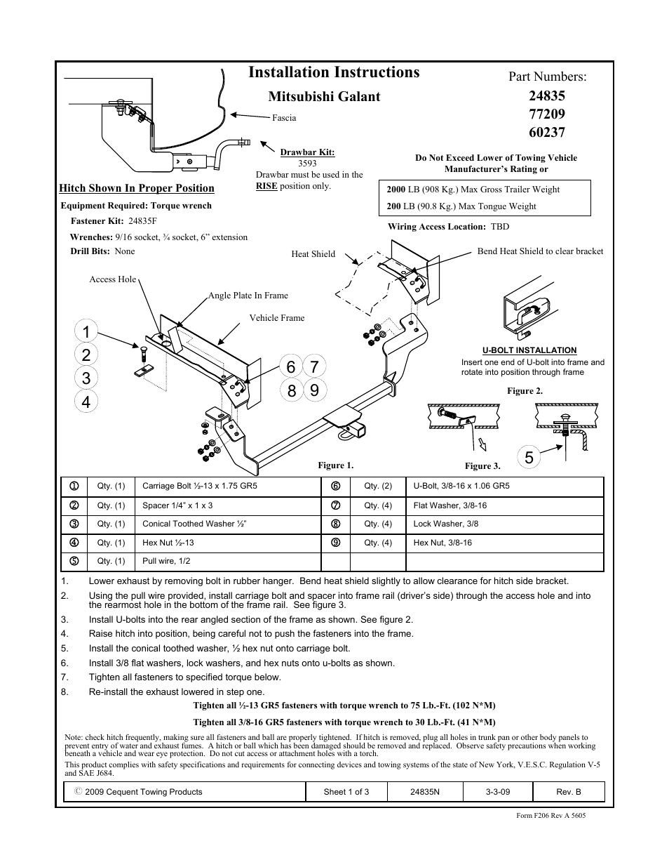 Draw-Tite 24835 SPORTFRAME HITCH User Manual | 3 pages