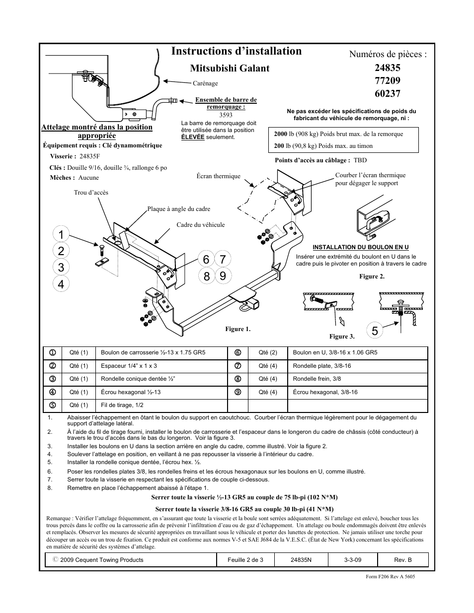Instructions d’installation, Mitsubishi galant, Numéros de pièces | Draw-Tite 24835 SPORTFRAME HITCH User Manual | Page 2 / 3