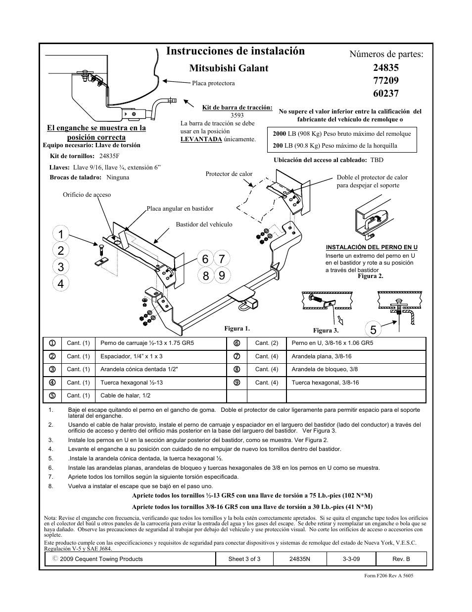 Instrucciones de instalación, Mitsubishi galant, Números de partes | Draw-Tite 24835 SPORTFRAME HITCH User Manual | Page 3 / 3