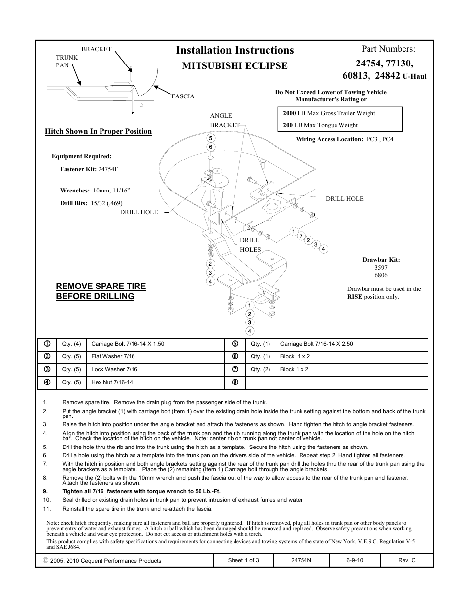 Draw-Tite 24754 SPORTFRAME HITCH User Manual | 3 pages