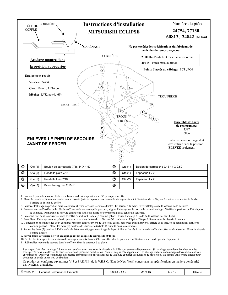 Instructions d’installation, Mitsubishi eclipse, Numéro de pièce | Enlever le pneu de secours avant de percer | Draw-Tite 24754 SPORTFRAME HITCH User Manual | Page 2 / 3