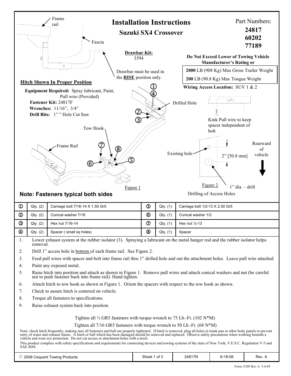 Draw-Tite 24817 SPORTFRAME HITCH User Manual | 3 pages