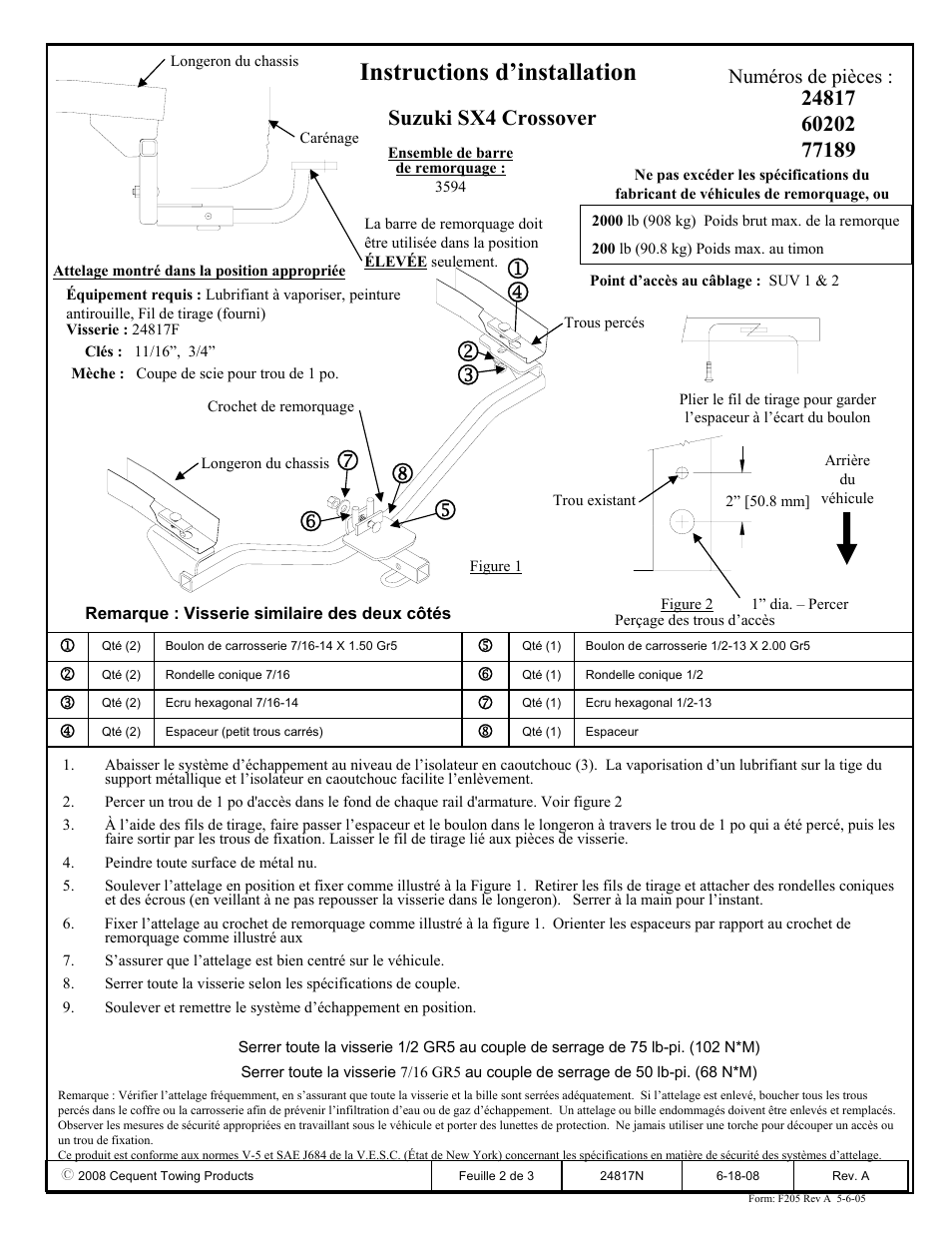 Instructions d’installation, Numéros de pièces | Draw-Tite 24817 SPORTFRAME HITCH User Manual | Page 2 / 3