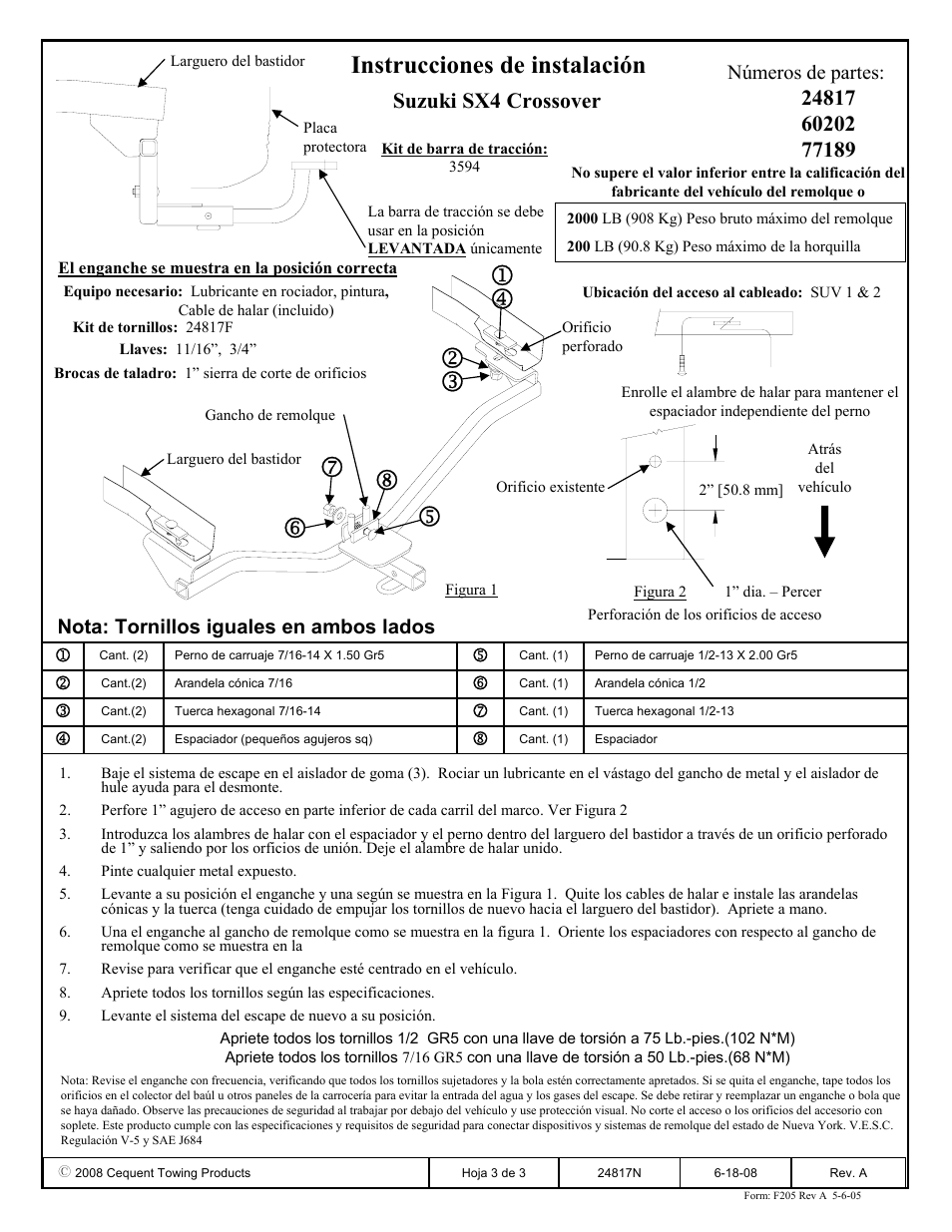 Instrucciones de instalación, Números de partes, Nota: tornillos iguales en ambos lados | Draw-Tite 24817 SPORTFRAME HITCH User Manual | Page 3 / 3