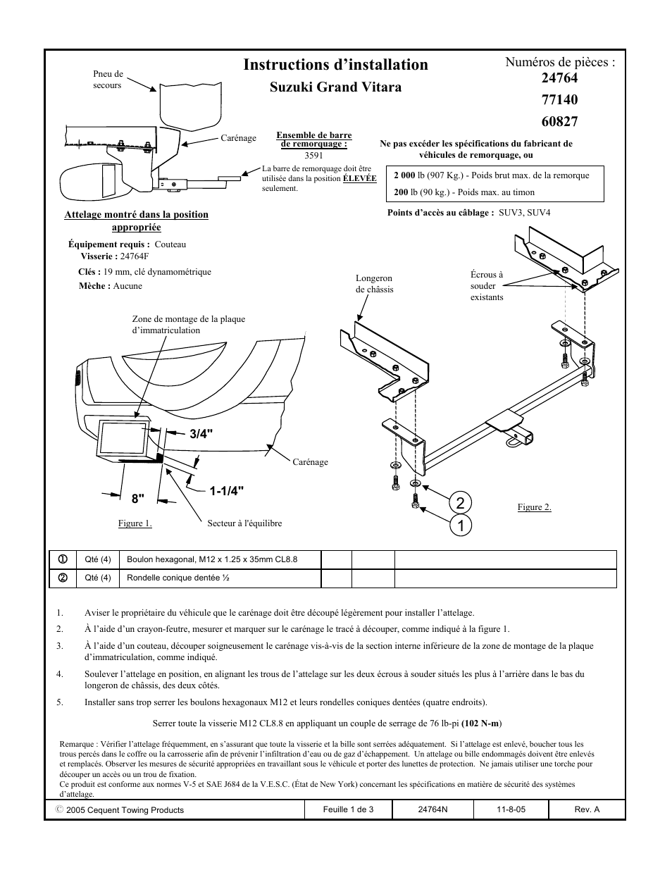 Instructions d’installation, Suzuki grand vitara, Numéros de pièces | Draw-Tite 24764 SPORTFRAME HITCH User Manual | Page 2 / 3