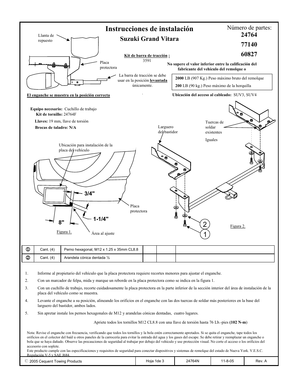 Instrucciones de instalación, Suzuki grand vitara, Número de partes | Draw-Tite 24764 SPORTFRAME HITCH User Manual | Page 3 / 3