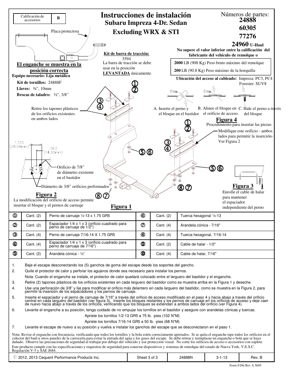 Instrucciones de instalación | Draw-Tite 24888 SPORTFRAME HITCH User Manual | Page 3 / 3