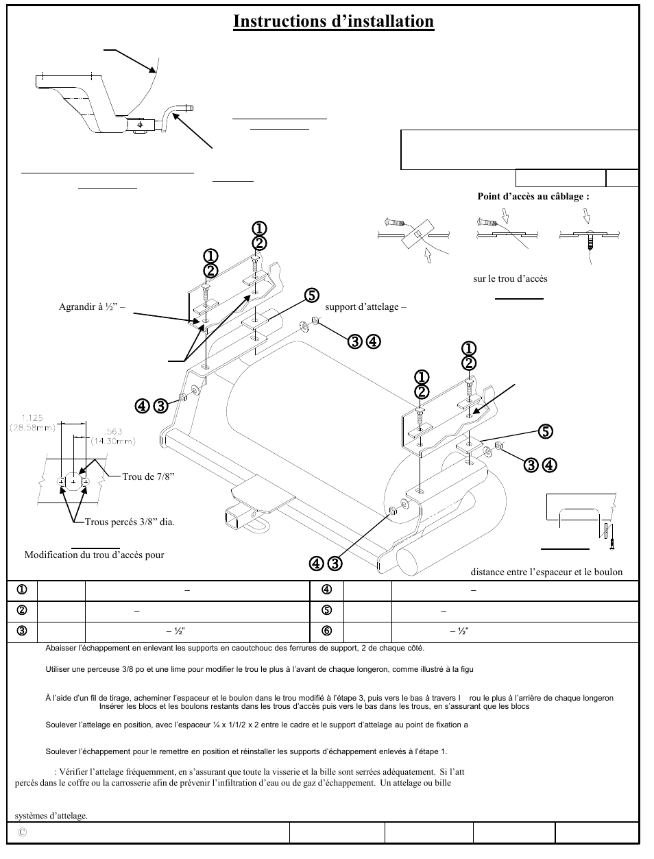 Instructions d’installation, Numéros de pièces | Draw-Tite 24886 SPORTFRAME HITCH User Manual | Page 2 / 3