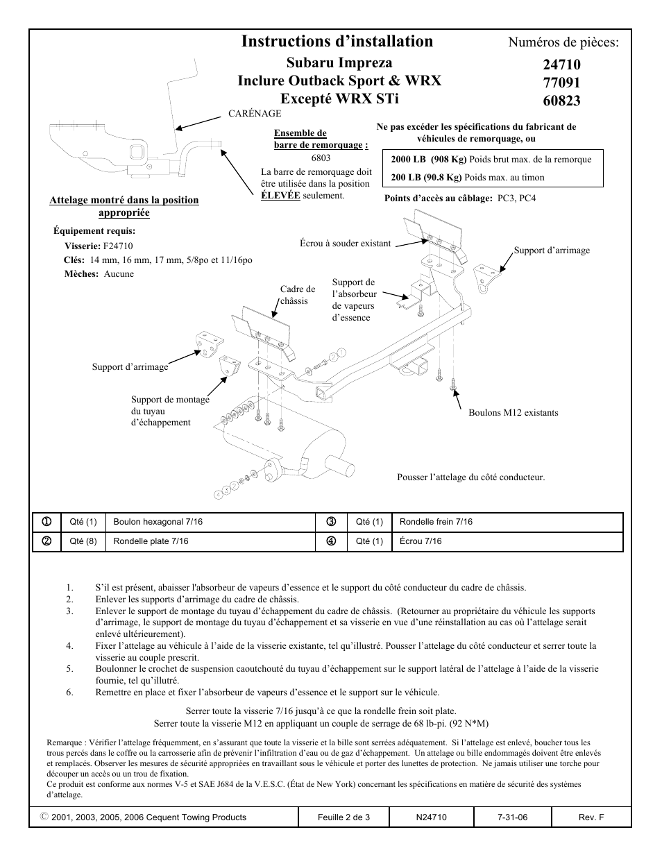 Instructions d’installation, Numéros de pièces | Draw-Tite 24710 SPORTFRAME HITCH User Manual | Page 2 / 3