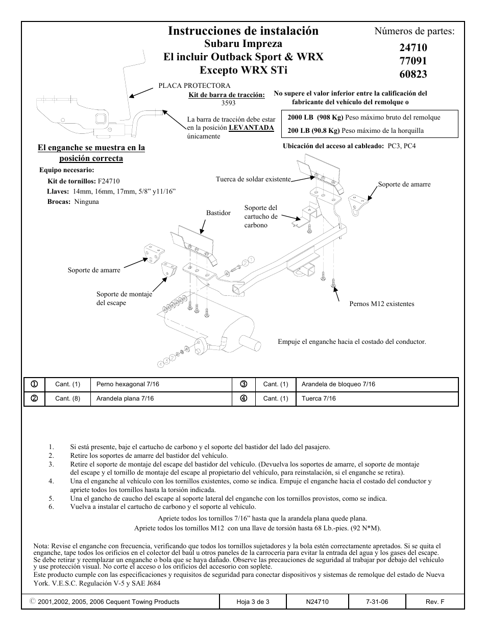 Instrucciones de instalación, Números de partes | Draw-Tite 24710 SPORTFRAME HITCH User Manual | Page 3 / 3