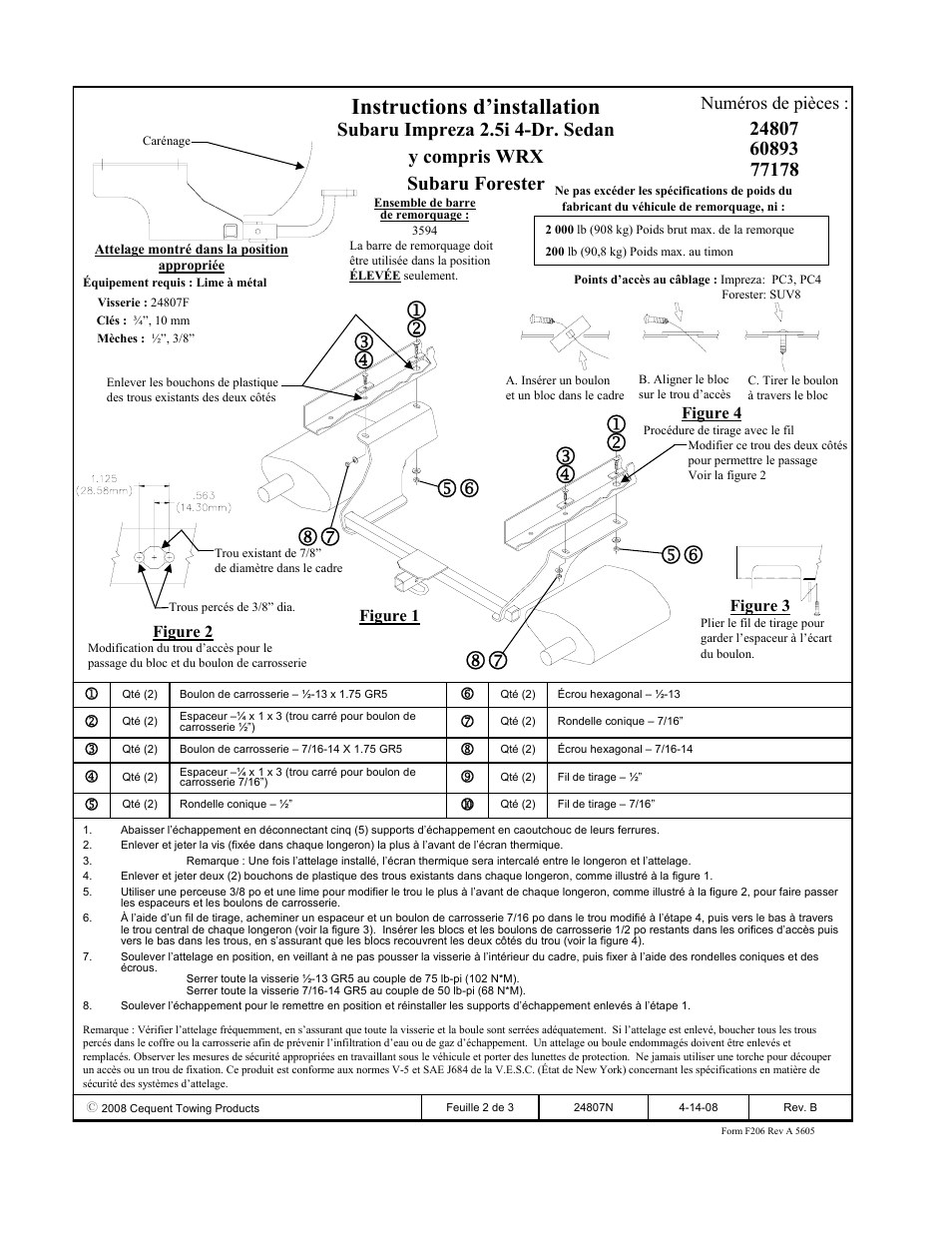 Instructions d’installation, Numéros de pièces | Draw-Tite 24807 SPORTFRAME HITCH User Manual | Page 2 / 3