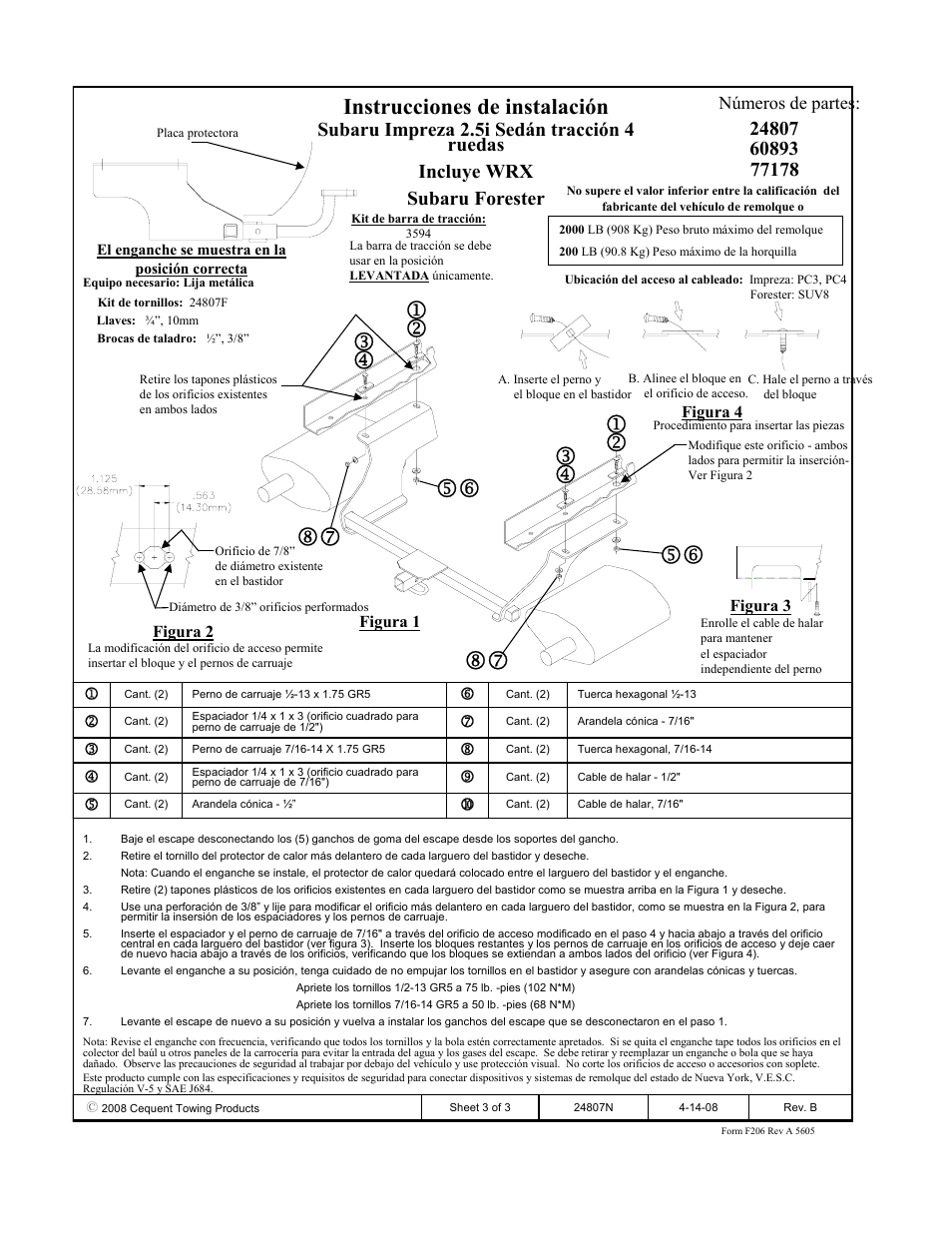 Instrucciones de instalación, Números de partes | Draw-Tite 24807 SPORTFRAME HITCH User Manual | Page 3 / 3