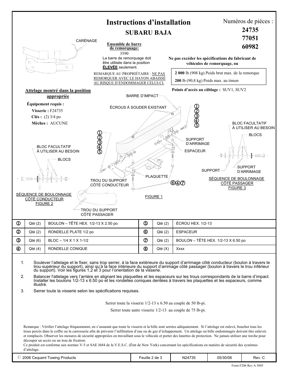 Instructions d’installation, Subaru baja, Numéros de pièces | Draw-Tite 24735 SPORTFRAME HITCH User Manual | Page 2 / 3