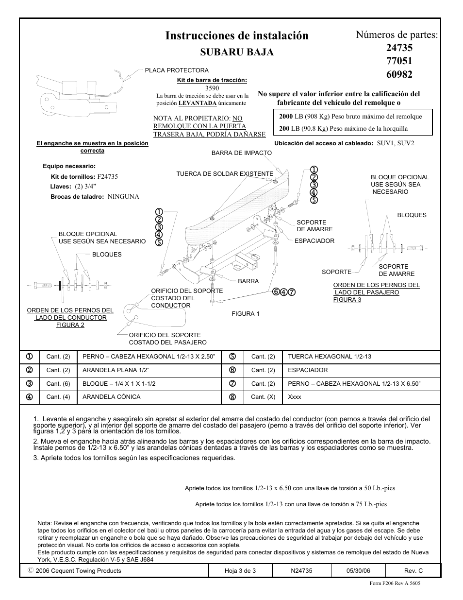 Instrucciones de instalación, Subaru baja números de partes | Draw-Tite 24735 SPORTFRAME HITCH User Manual | Page 3 / 3