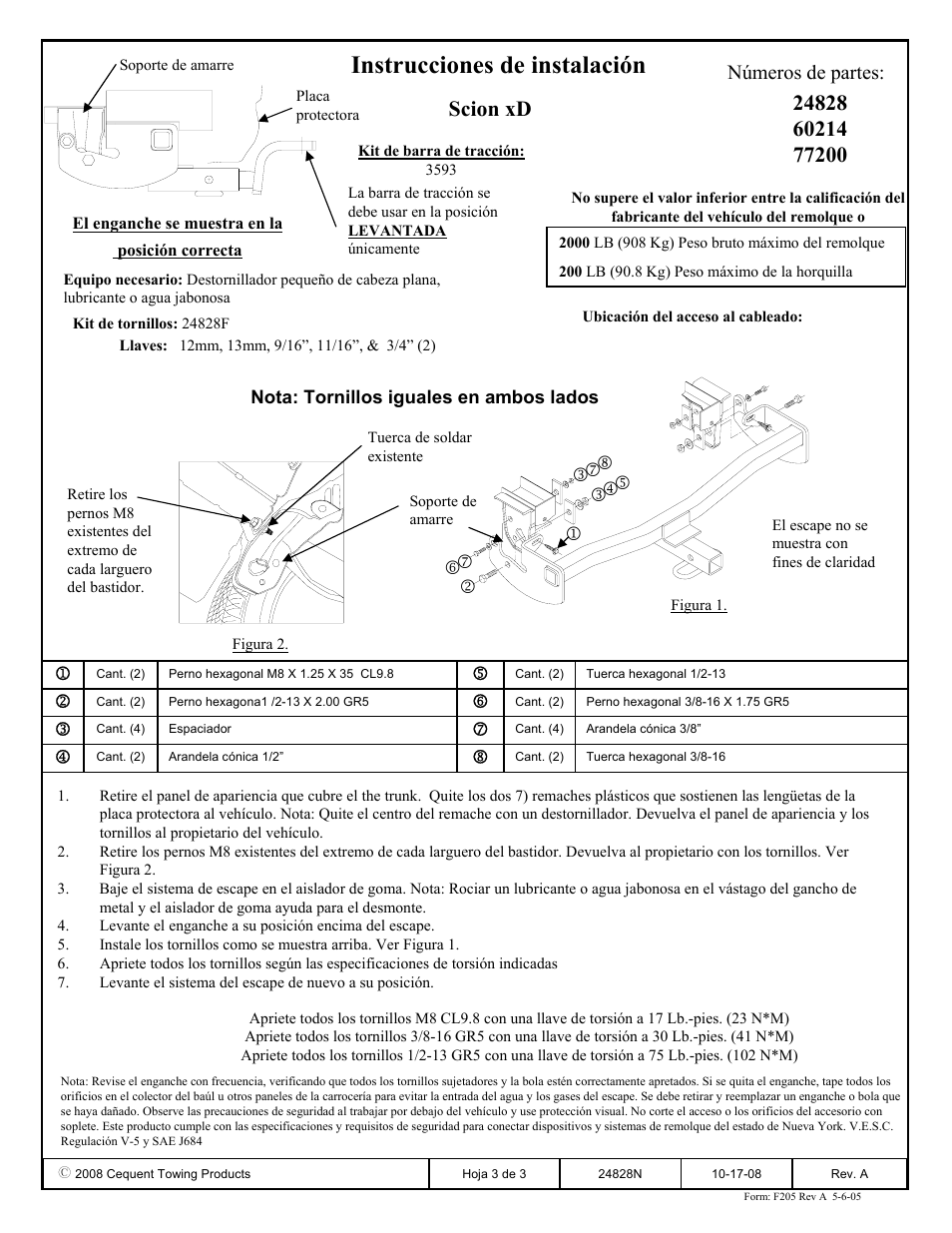 Instrucciones de instalación, Números de partes | Draw-Tite 24828 SPORTFRAME HITCH User Manual | Page 3 / 3