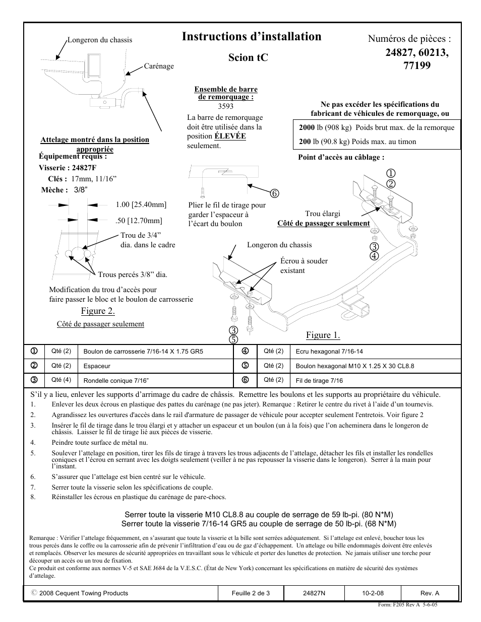 Instructions d’installation, Numéros de pièces | Draw-Tite 24827 SPORTFRAME HITCH User Manual | Page 2 / 3
