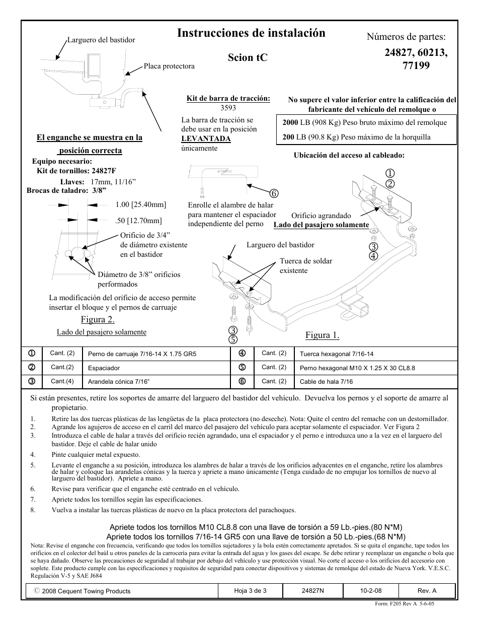 Instrucciones de instalación, Números de partes | Draw-Tite 24827 SPORTFRAME HITCH User Manual | Page 3 / 3