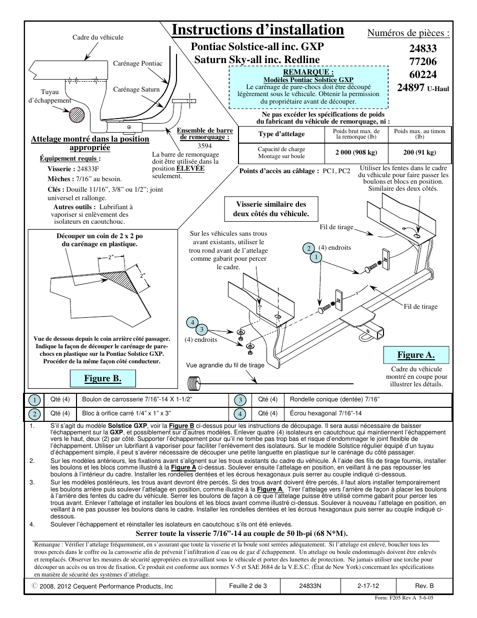 Instructions d’installation, Numéros de pièces, Figure b | Figure a | Draw-Tite 24833 SPORTFRAME HITCH User Manual | Page 2 / 3