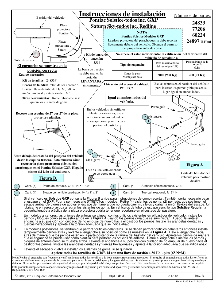 Instrucciones de instalación, Números de partes, Figura b | Figura a | Draw-Tite 24833 SPORTFRAME HITCH User Manual | Page 3 / 3