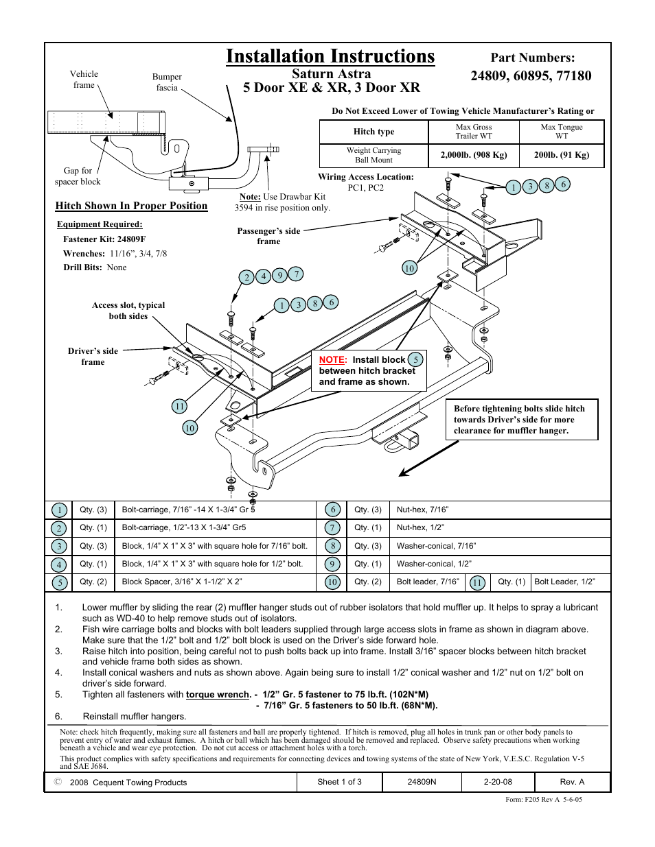 Draw-Tite 24809 SPORTFRAME HITCH User Manual | 3 pages