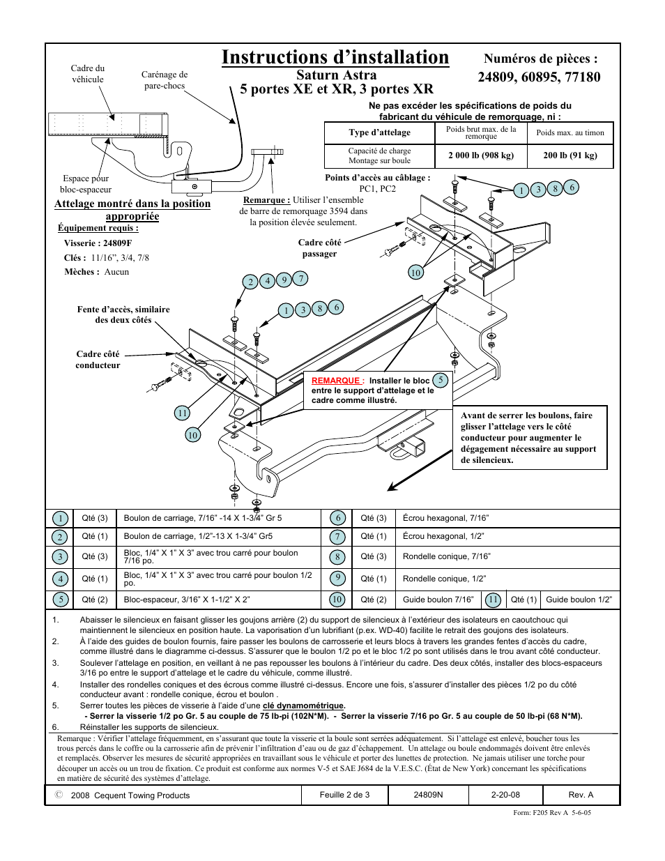 Instructions d’installation, Saturn astra 5 portes xe et xr, 3 portes xr, Numéros de pièces | Attelage montré dans la position appropriée | Draw-Tite 24809 SPORTFRAME HITCH User Manual | Page 2 / 3