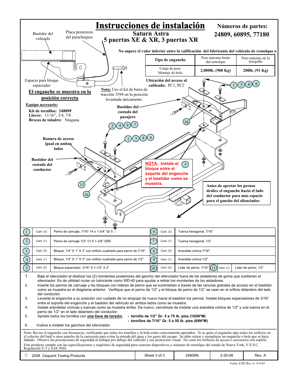 Instrucciones de instalación, Saturn astra 5 puertas xe & xr, 3 puertas xr, Números de partes | El enganche se muestra en la posición correcta | Draw-Tite 24809 SPORTFRAME HITCH User Manual | Page 3 / 3