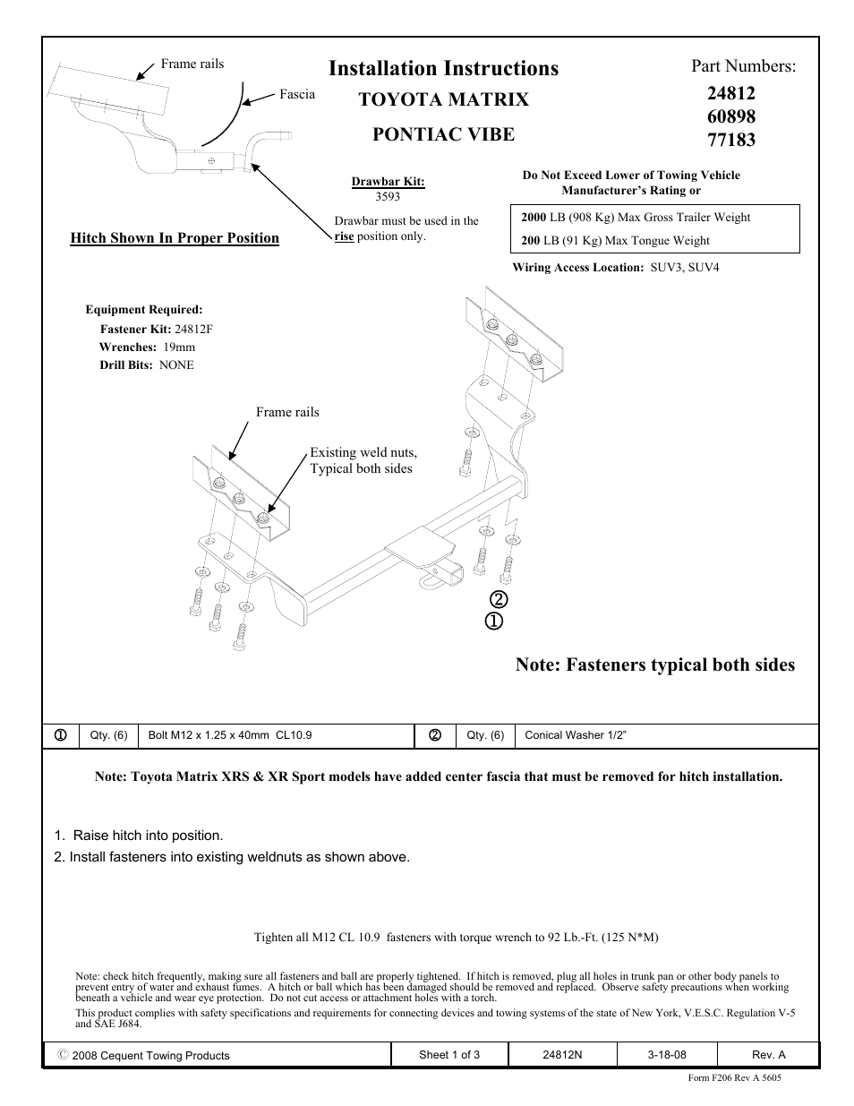 Draw-Tite 24812 SPORTFRAME HITCH User Manual | 3 pages