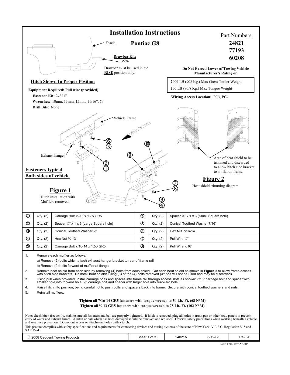 Draw-Tite 24821 SPORTFRAME HITCH User Manual | 3 pages