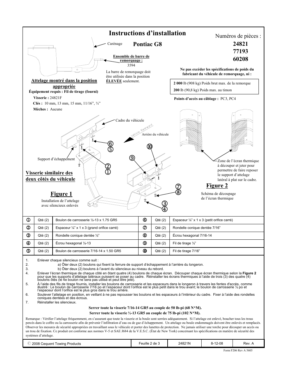 Instructions d’installation, Pontiac g8, Figure 2 | Figure 1, Numéros de pièces | Draw-Tite 24821 SPORTFRAME HITCH User Manual | Page 2 / 3
