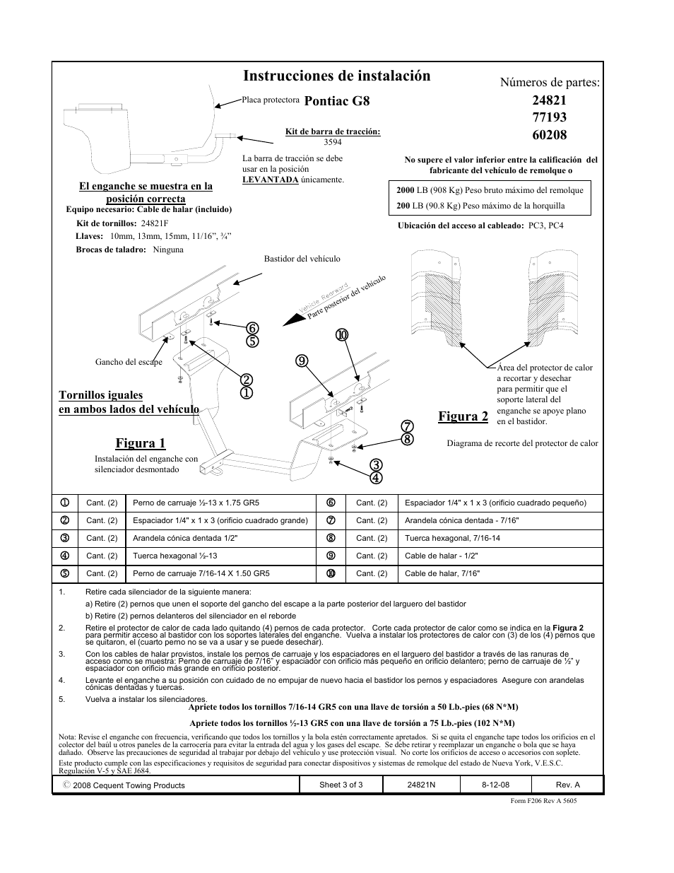 Instrucciones de instalación, Pontiac g8, Figura 2 | Figura 1, Números de partes | Draw-Tite 24821 SPORTFRAME HITCH User Manual | Page 3 / 3