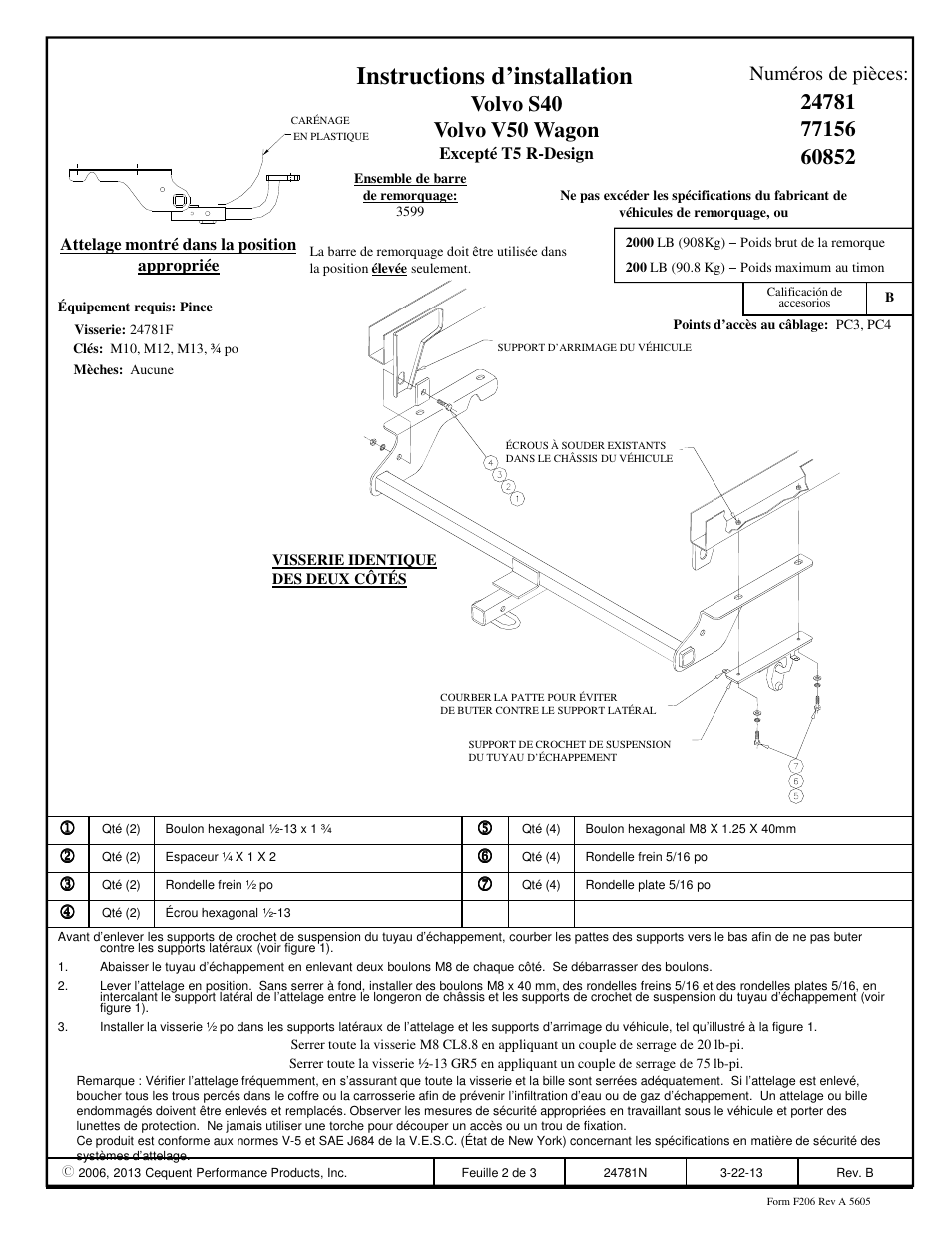Instructions d’installation, Volvo s40 volvo v50 wagon, Numéros de pièces | Draw-Tite 24781 SPORTFRAME HITCH User Manual | Page 2 / 3