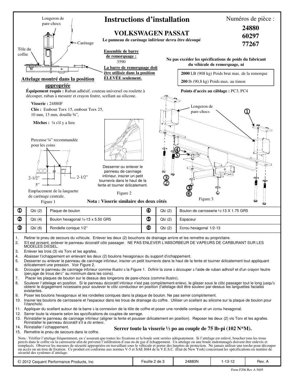 Instructions d’installation, Volkswagen passat, Numéros de pièce | Draw-Tite 24880 SPORTFRAME HITCH User Manual | Page 2 / 3