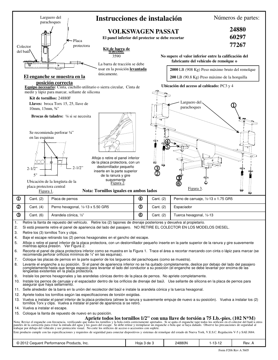 Instrucciones de instalación, Volkswagen passat, Números de partes | Draw-Tite 24880 SPORTFRAME HITCH User Manual | Page 3 / 3