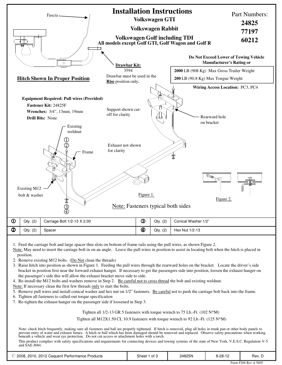 Draw-Tite 24825 SPORTFRAME HITCH User Manual | 3 pages