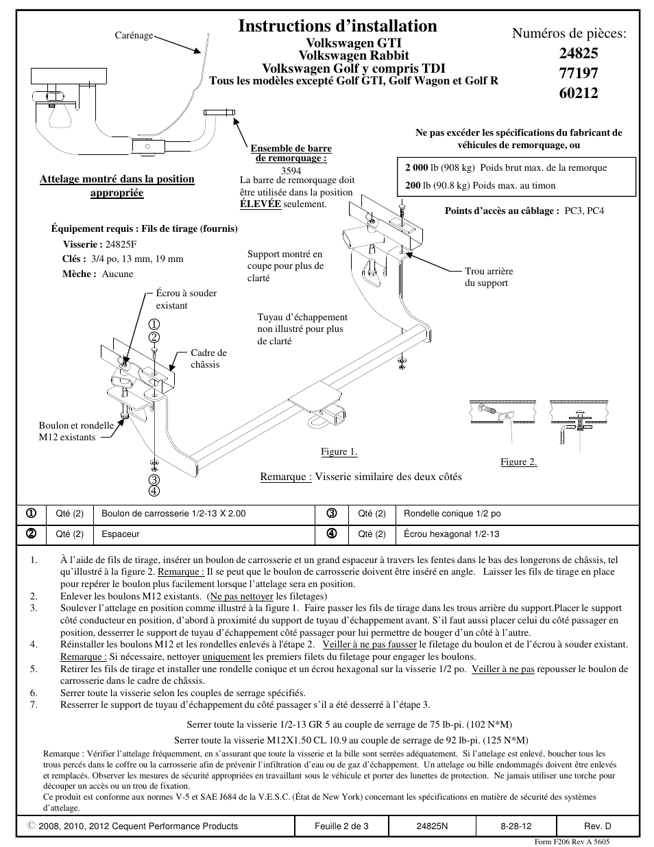Instructions d’installation, Numéros de pièces | Draw-Tite 24825 SPORTFRAME HITCH User Manual | Page 2 / 3
