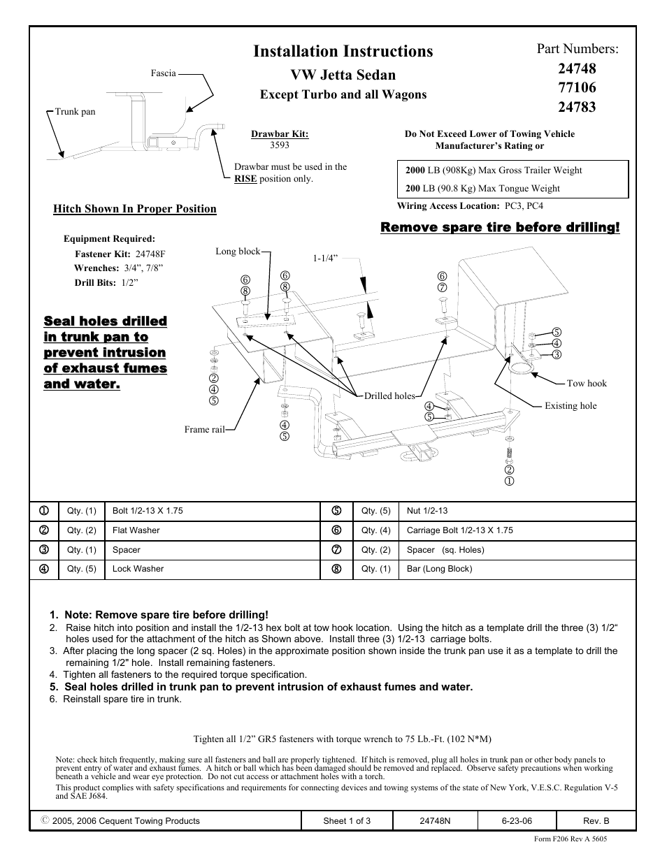 Draw-Tite 24748 SPORTFRAME HITCH User Manual | 3 pages
