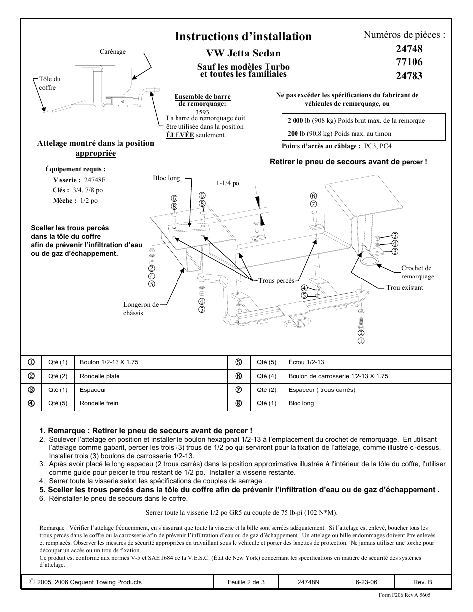Instructions d’installation, Vw jetta sedan, Numéros de pièces | Draw-Tite 24748 SPORTFRAME HITCH User Manual | Page 2 / 3