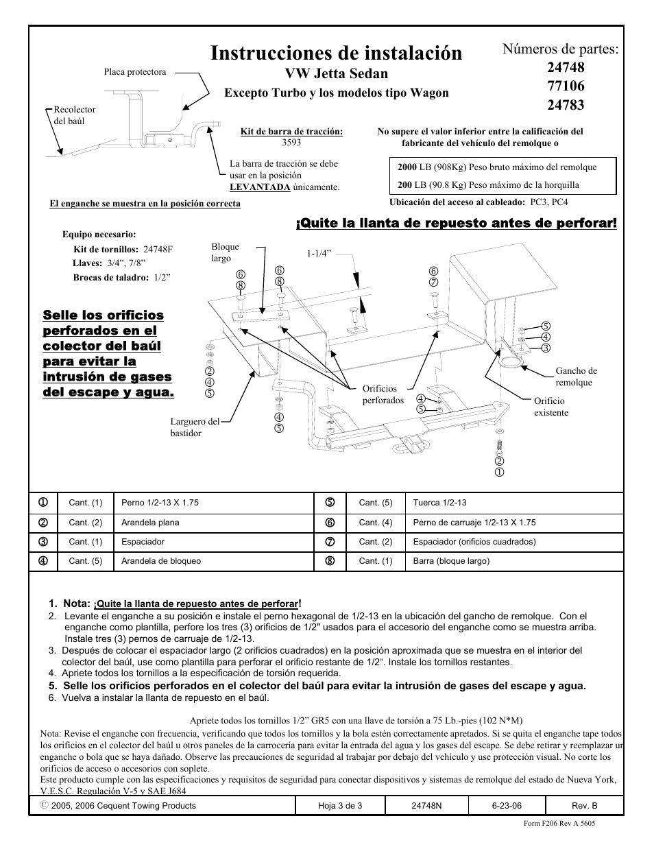 Instrucciones de instalación, Vw jetta sedan | Draw-Tite 24748 SPORTFRAME HITCH User Manual | Page 3 / 3
