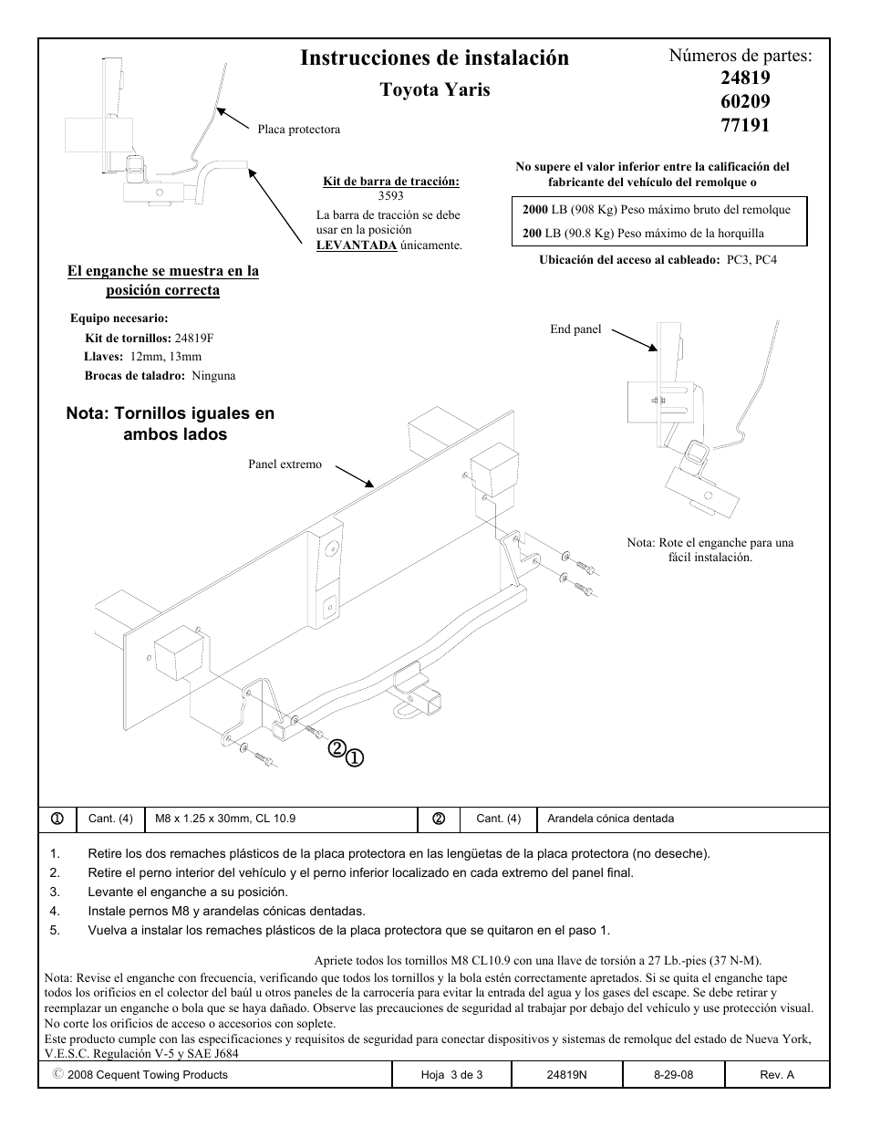 Instrucciones de instalación, Toyota yaris, Números de partes | Draw-Tite 24819 SPORTFRAME HITCH User Manual | Page 3 / 3