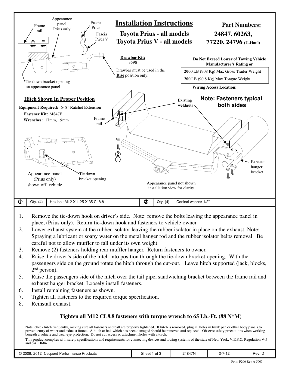 Draw-Tite 24847 SPORTFRAME HITCH User Manual | 3 pages