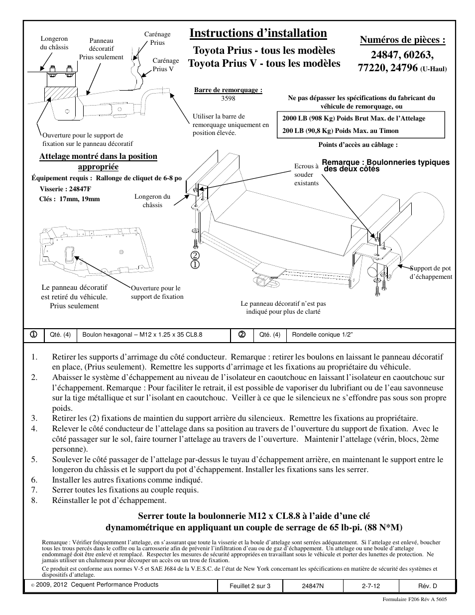 Instructions d’installation, Numéros de pièces | Draw-Tite 24847 SPORTFRAME HITCH User Manual | Page 2 / 3