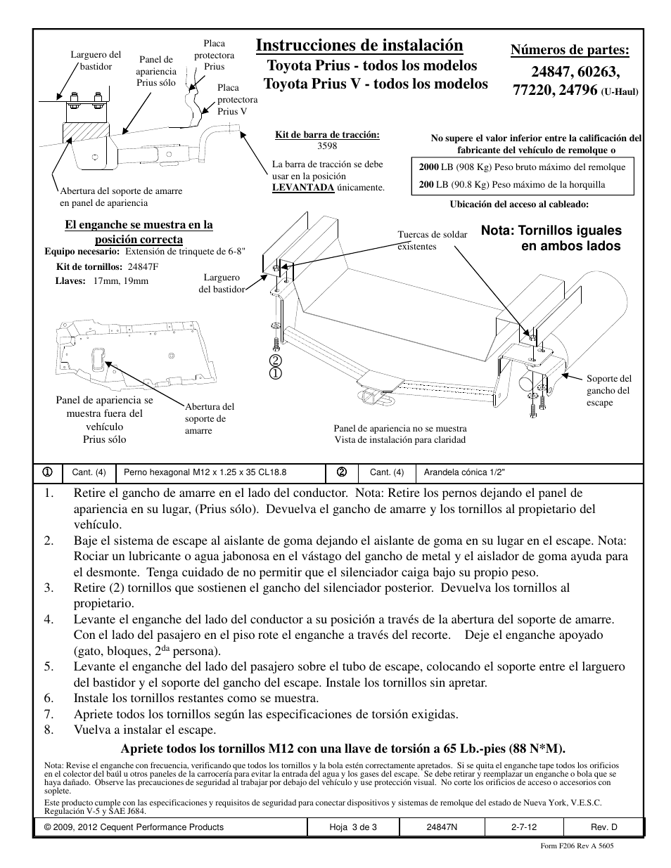 Instrucciones de instalación, Toyota prius - todos los modelos, Toyota prius v - todos los modelos | Números de partes | Draw-Tite 24847 SPORTFRAME HITCH User Manual | Page 3 / 3
