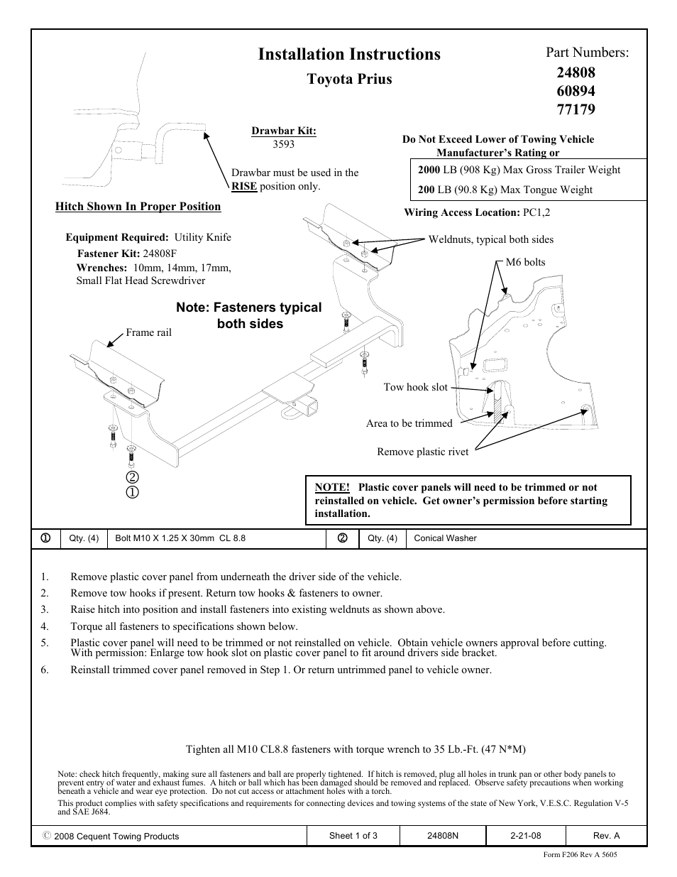 Draw-Tite 24808 SPORTFRAME HITCH User Manual | 3 pages