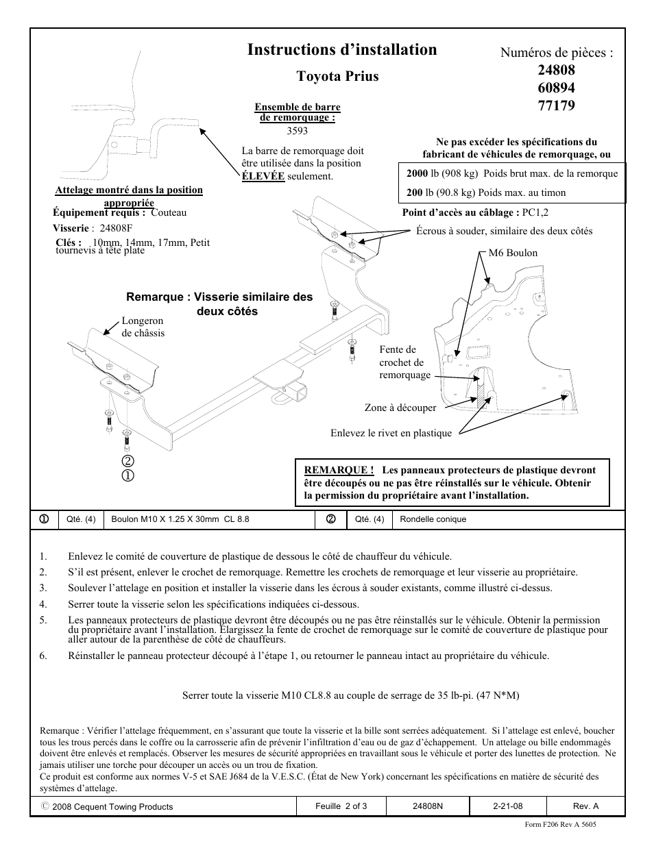 Instructions d’installation, Numéros de pièces | Draw-Tite 24808 SPORTFRAME HITCH User Manual | Page 2 / 3