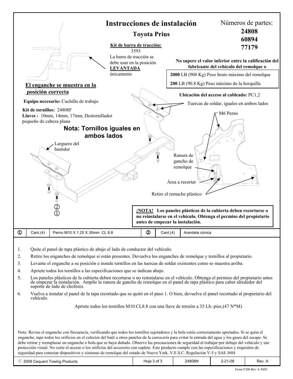 Instrucciones de instalación, Nota: tornillos iguales en ambos lados | Draw-Tite 24808 SPORTFRAME HITCH User Manual | Page 3 / 3
