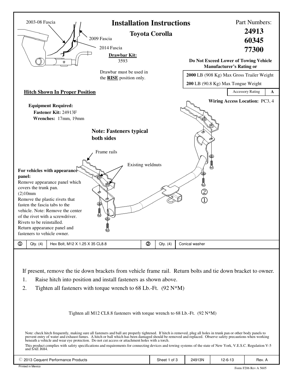 Draw-Tite 24913 SPORTFRAME HITCH User Manual | 3 pages