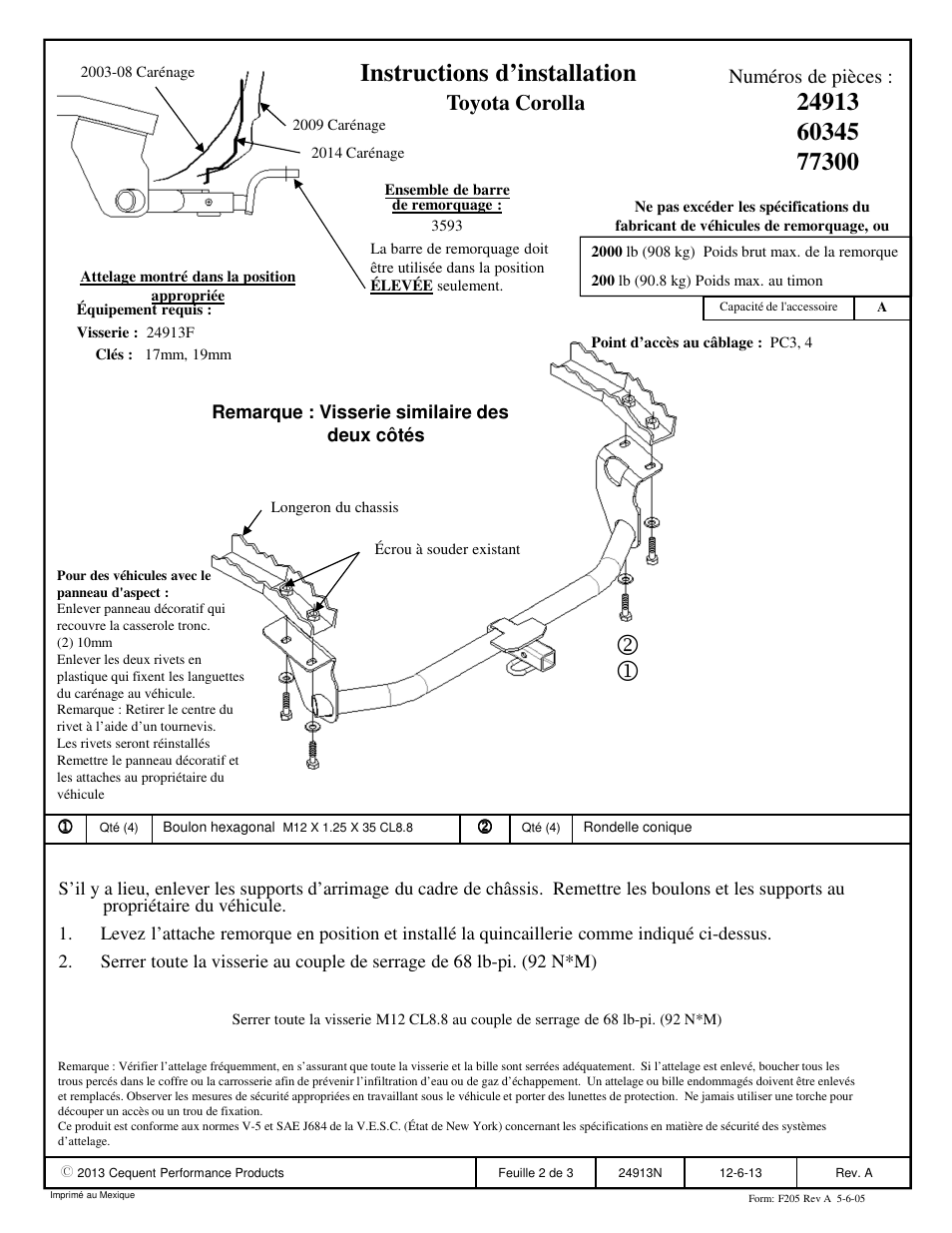 Instructions d’installation, Toyota corolla, Numéros de pièces | Draw-Tite 24913 SPORTFRAME HITCH User Manual | Page 2 / 3