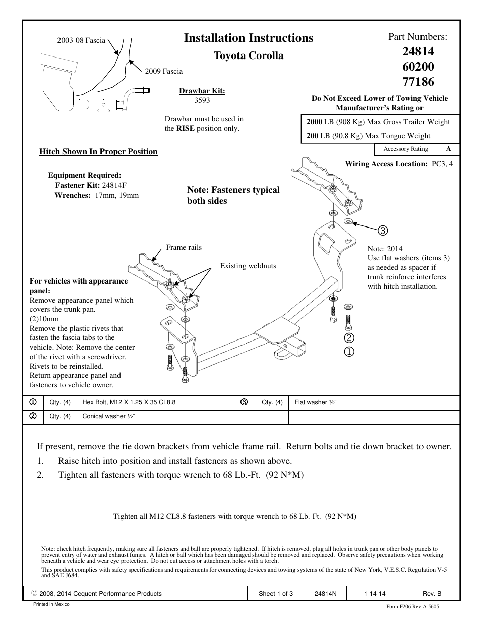 Draw-Tite 24814 SPORTFRAME HITCH User Manual | 3 pages