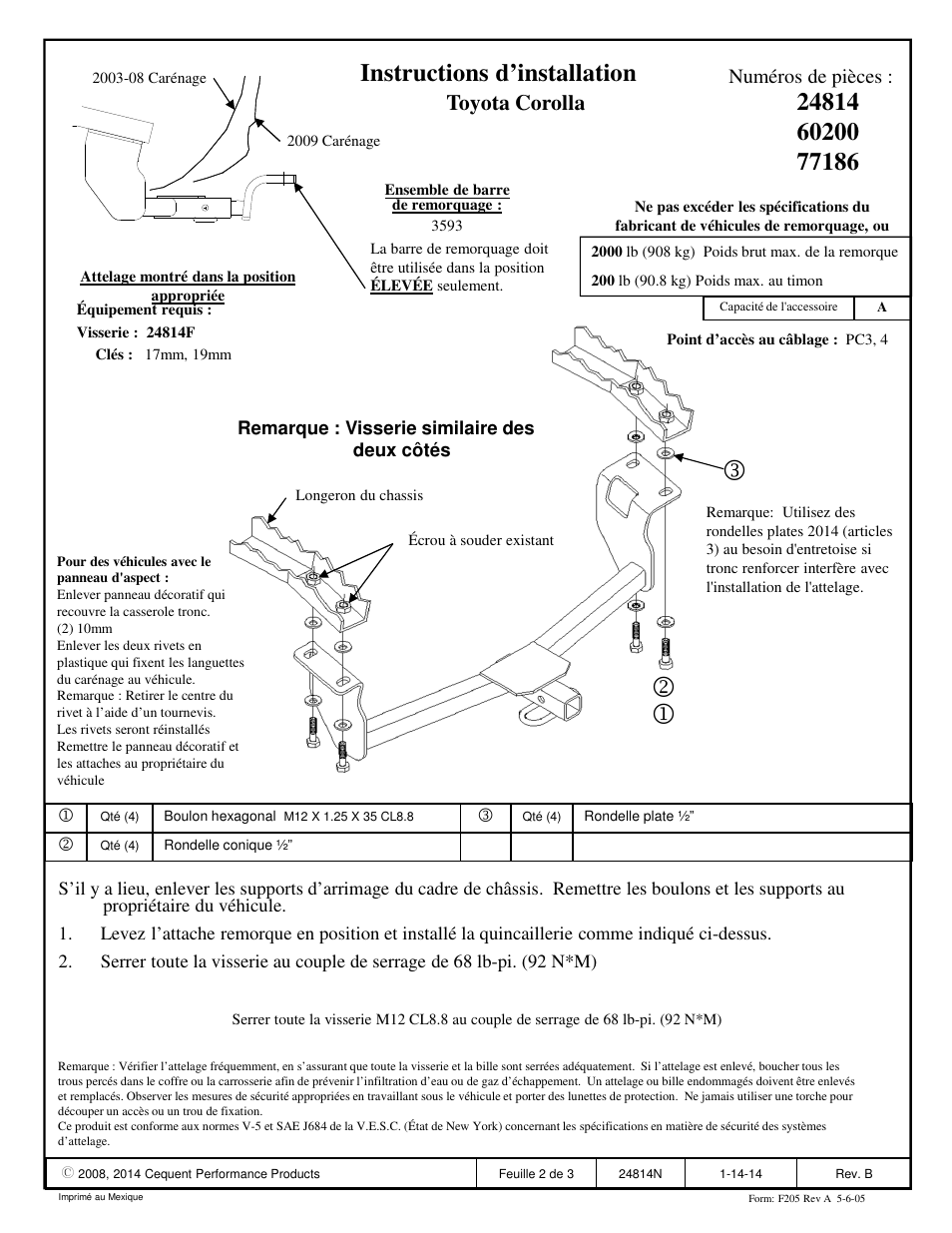 Instructions d’installation, Toyota corolla, Numéros de pièces | Draw-Tite 24814 SPORTFRAME HITCH User Manual | Page 2 / 3